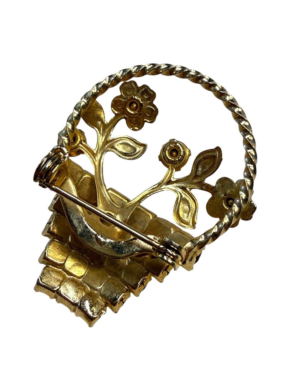 Vintage 60s Flower Basket Rhinestones Gold Tone Colorful Brooch Pin