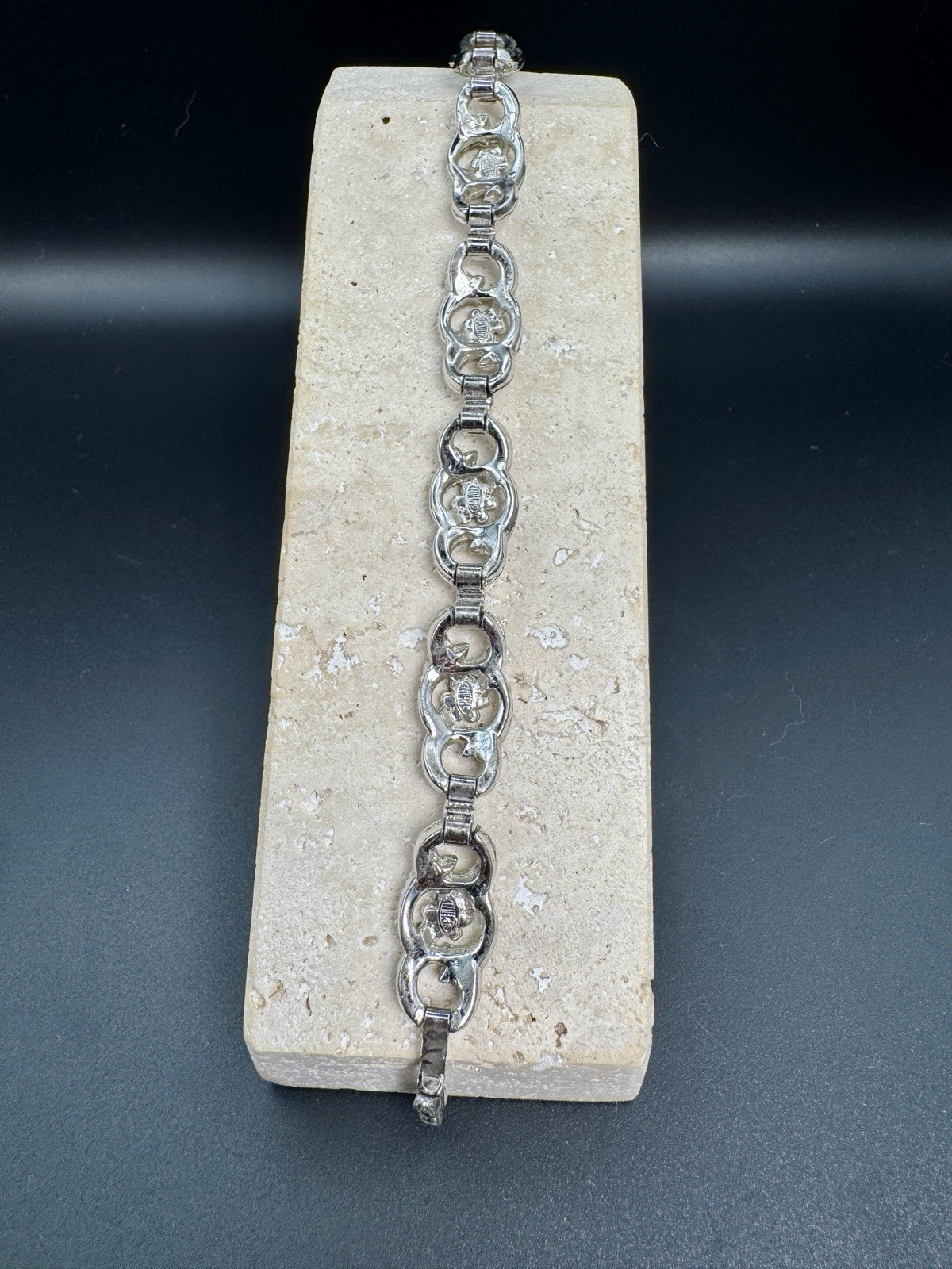 Antique Signed SPHINX Marcasite Link Bracelet Art Deco 1950s Floral Silver Tone