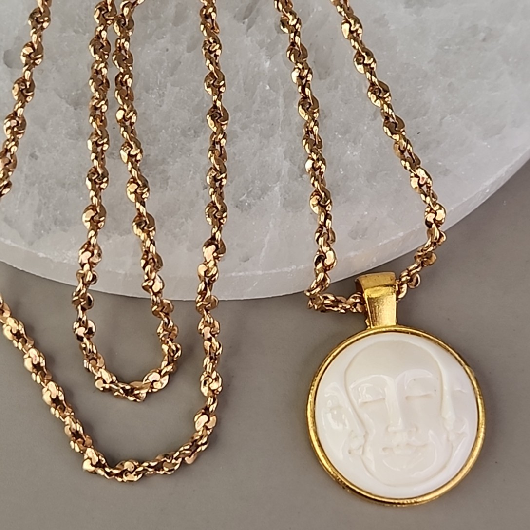 Vintage Triple Moon Face Pendant Necklace Crisscross Gold Tone Chain 22″