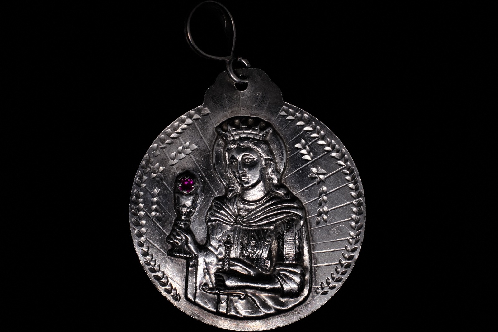 Vintage Sterling Silver St Barbara Pendant Ruby Gem 1 oz 30g Religious Medallion