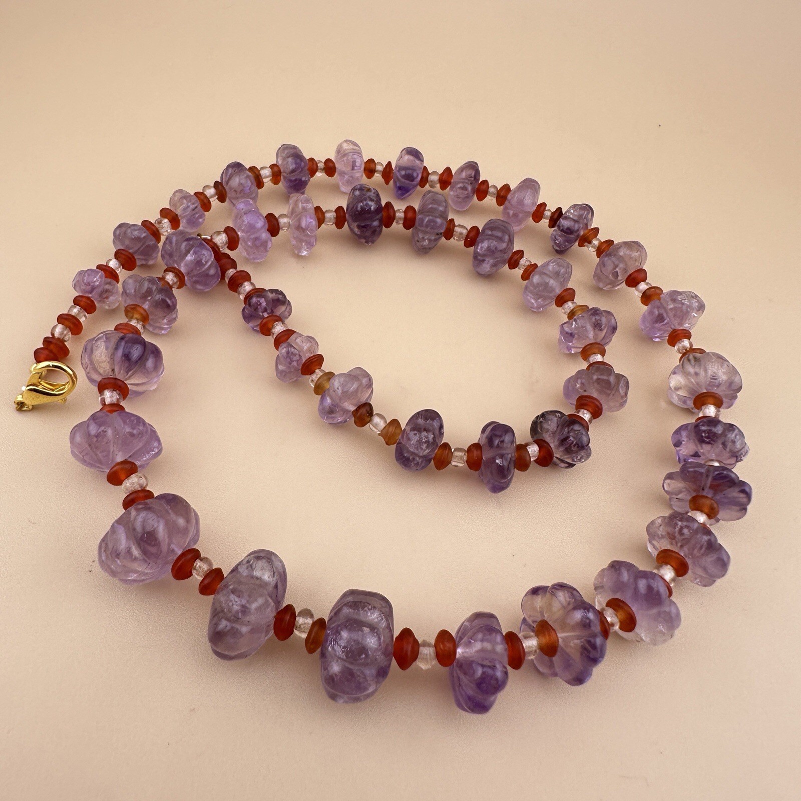 Vintage Hand Carved Amethyst Melon Bead Necklace