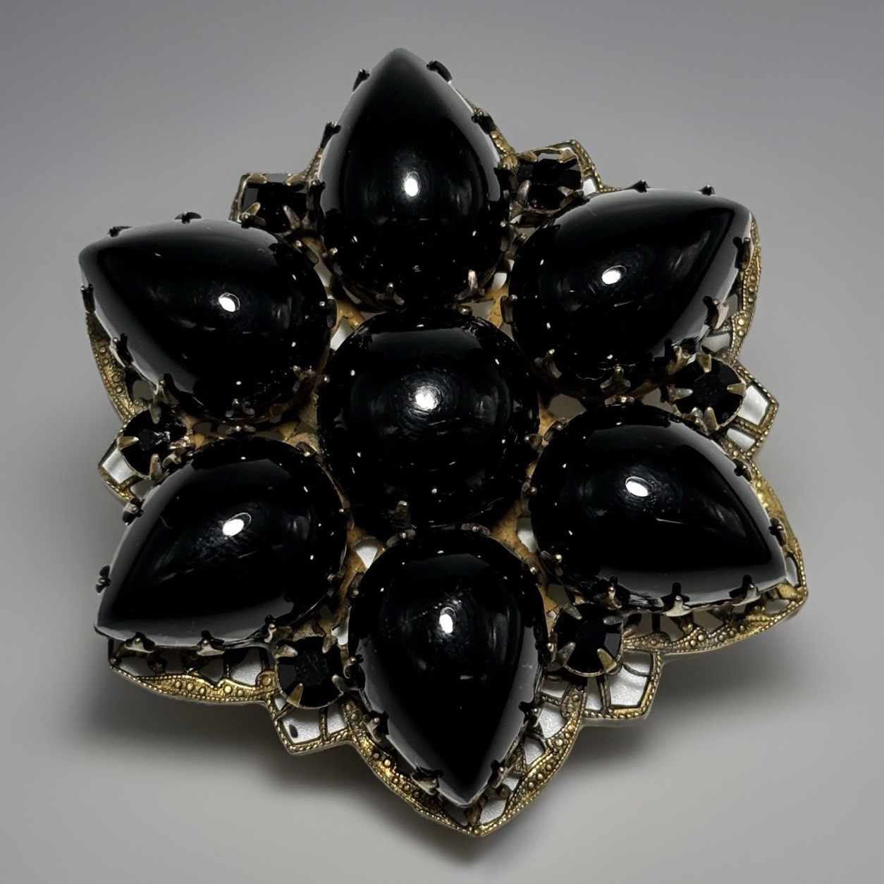 Vintage Brooch Pendant Teardrop Black Glass Cabochons Double Layered 2-1/8″ Long