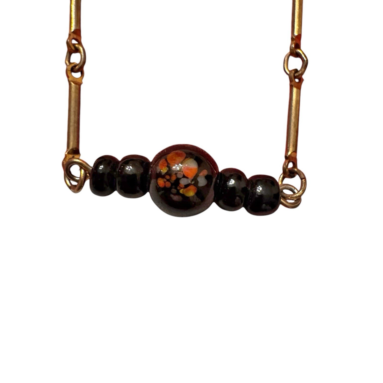 2 Vintage Floral Bead Chain Necklaces Black Orange Gold Tone Metal Dainty
