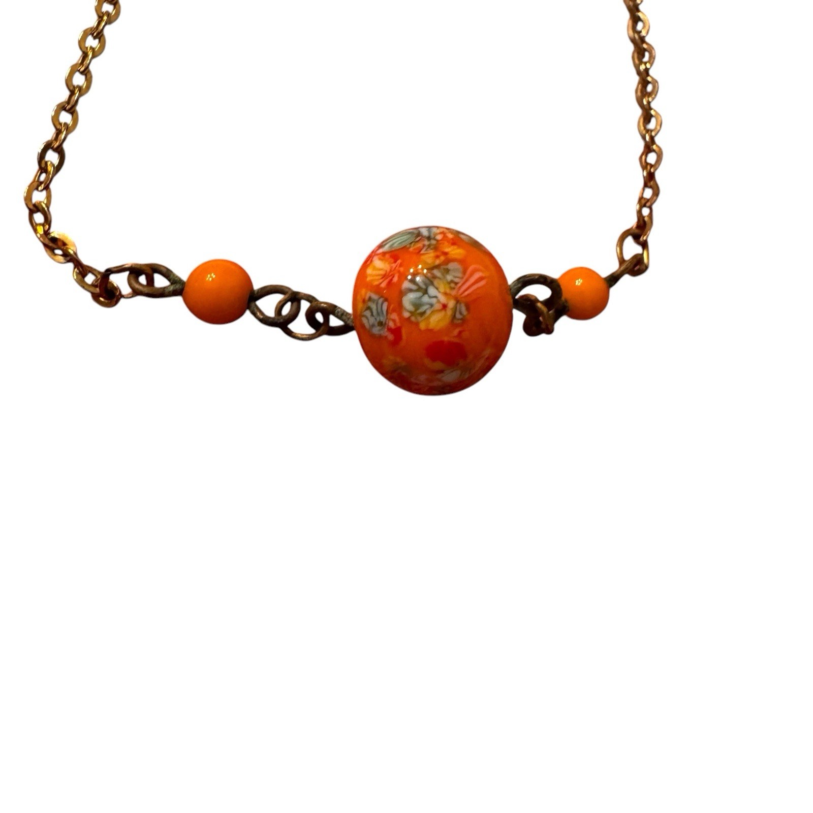 2 Vintage Floral Bead Chain Necklaces Black Orange Gold Tone Metal Dainty