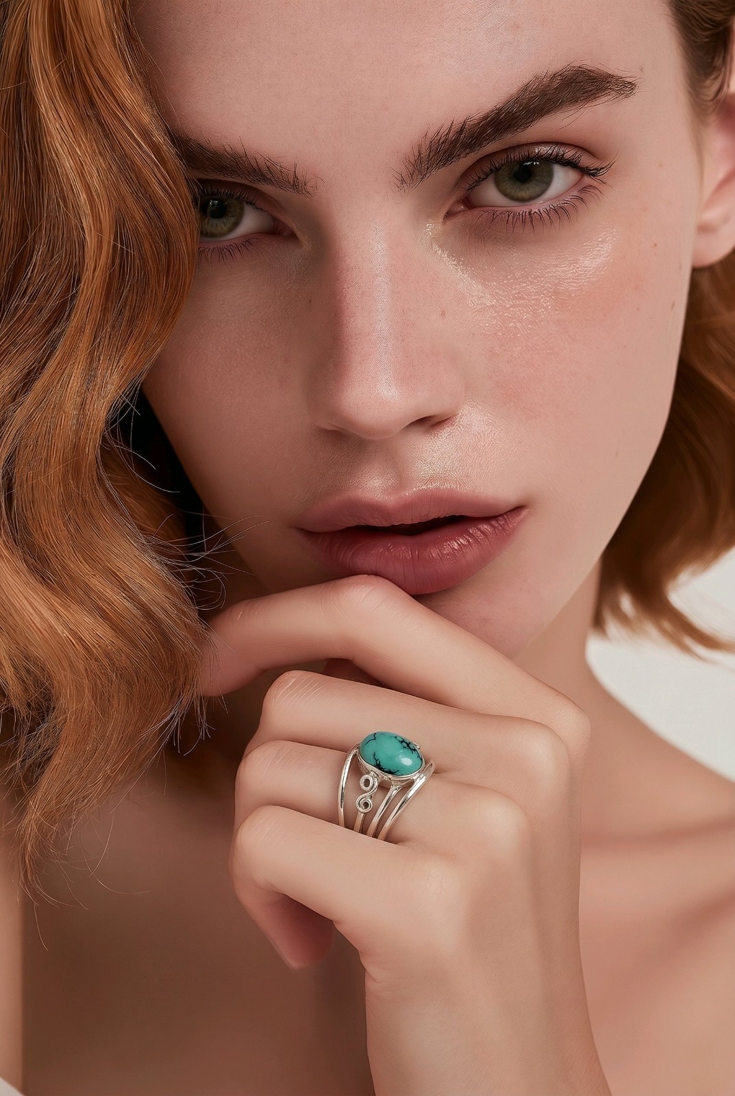 Turquoise Ring Sterling Silver Boho Oval Gemstone Multi Band Bypass 925