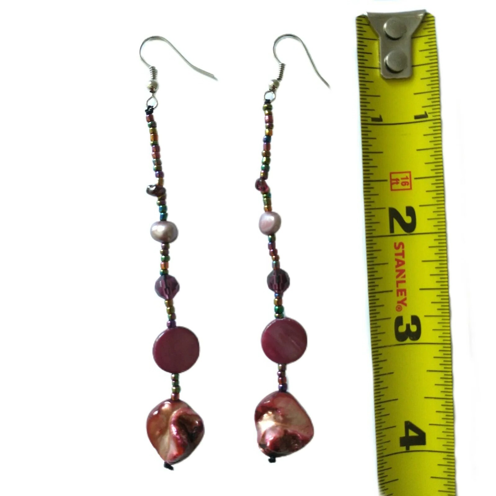 Pink Shell Beaded Dangle Earrings Boho Coastal Beach Mermaidcore Statement