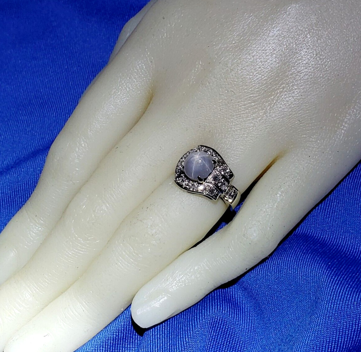 EARTH MINED STAR SAPPHIRE DIAMOND ART Deco Engagement Ring SOLID 14K WHITE GOLD
