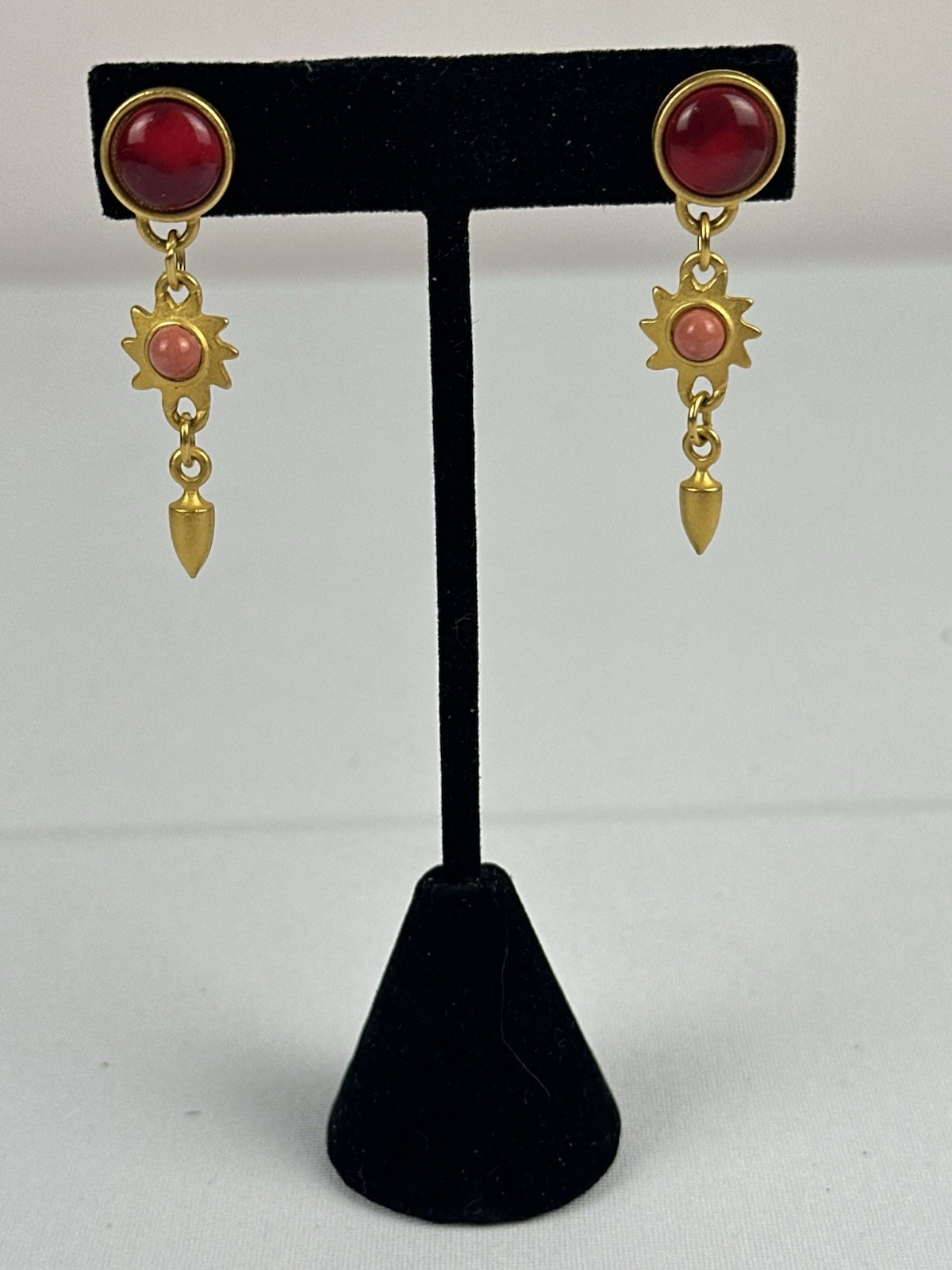 Vintage Brushed Gold-tone Stud Dangle Earrings Red Pink Stones