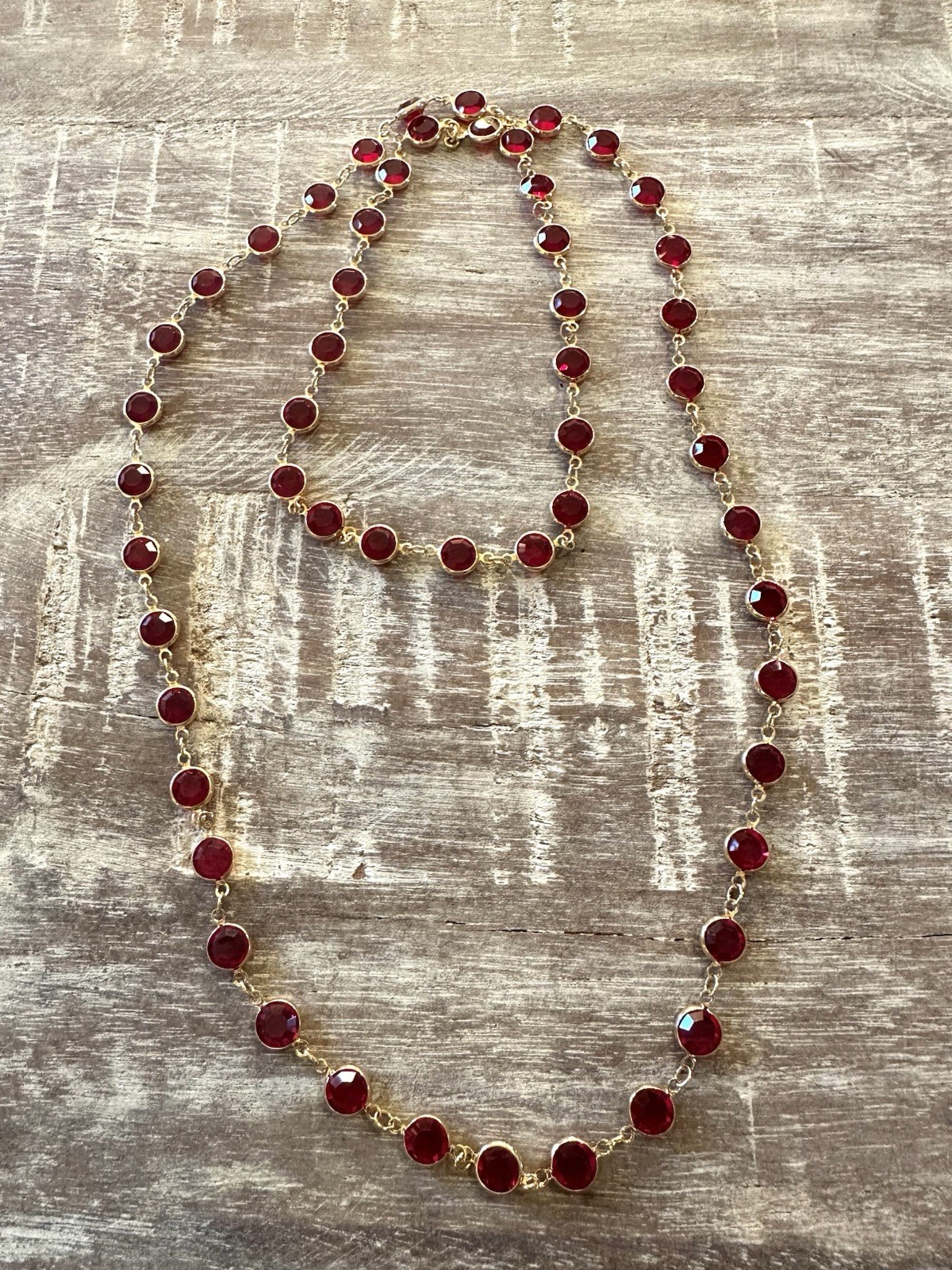 Vintage Swarovski Swan Signed Red Crystal Open Back Bezel Set Gold Tone Necklace