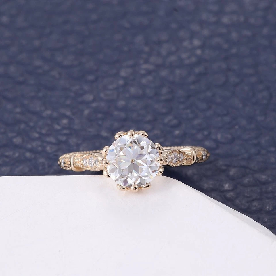 Filigree Style 1.15CT Round Cut White Moissanite & 10K Yellow Gold FN Women Ring