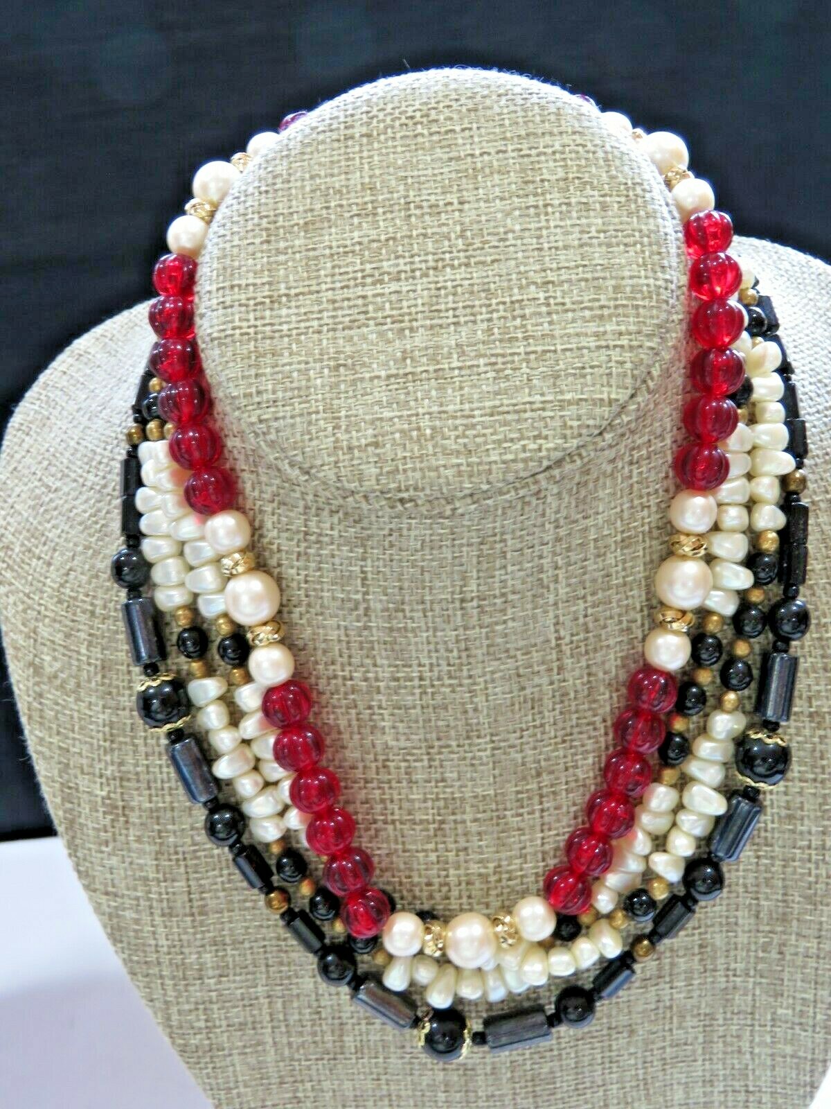 Gorgeous Vintage Mod Beaded Necklaces Lot Faux Pearls Red Black Glass Bead B3232