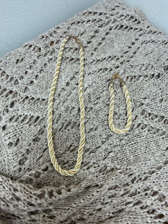 Vintage Gold Tone and Faux Pearl Twisted Rope Chain Necklace and Bracelet Set