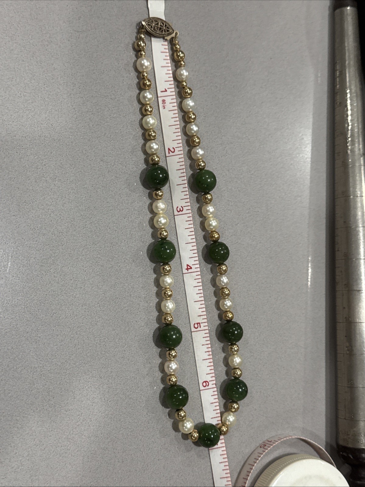 Vintage Green Jade Pearls GF Beads Sterling Filigree Gold Wash Clasp Necklace