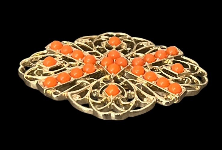 Vintage Sarah Coventry Gold Tone Filigree Coral Colored Beaded Brooch Pin