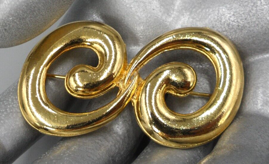 Vintage Swirl Brooch Opposing Ocean Waves Gold Tone Modern Art Beach Theme Mint