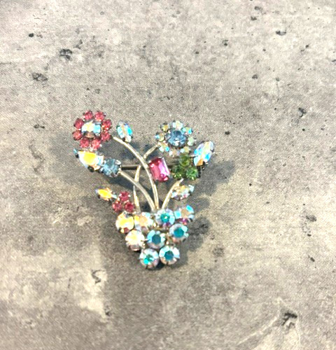 Vintage lot of 2 Rhinestone Flower Brooch Silver Tone Floral