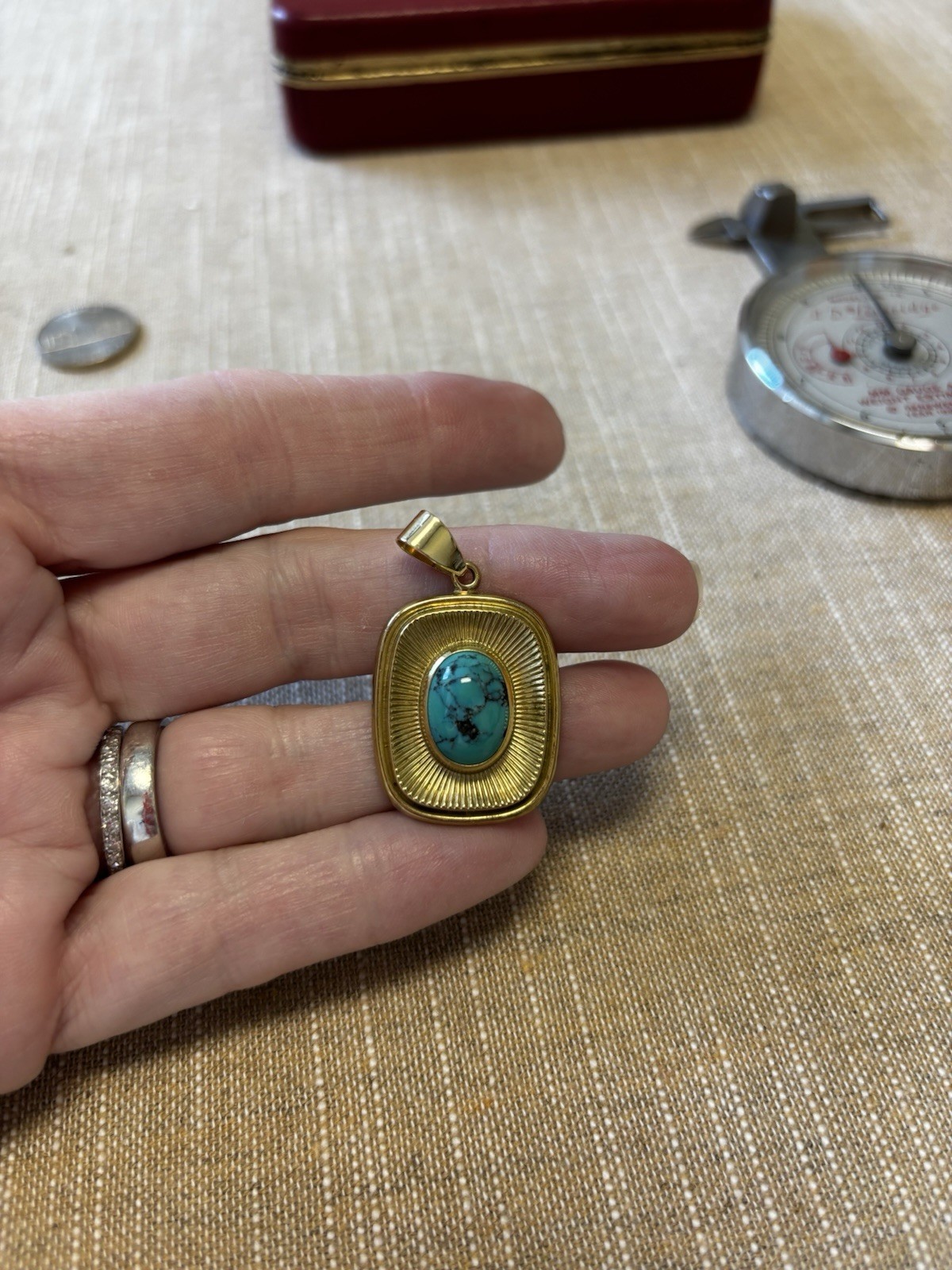 Vintage Gold Plated Pendant with Natural Turquoise 1.5” Long Great Look