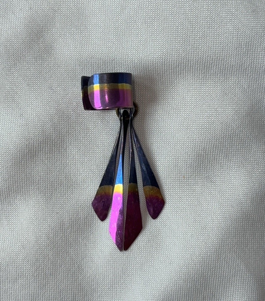Vintage Anodized Titanium Ear Cuff, Dangle, Drop Purple Blue Yellow