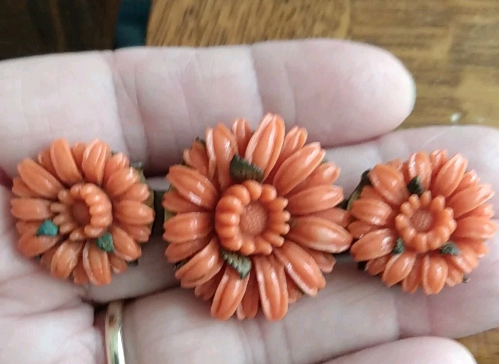Antique Red / Orange Coral Color Czech Glass Pin / brooch carved chrysanthemum