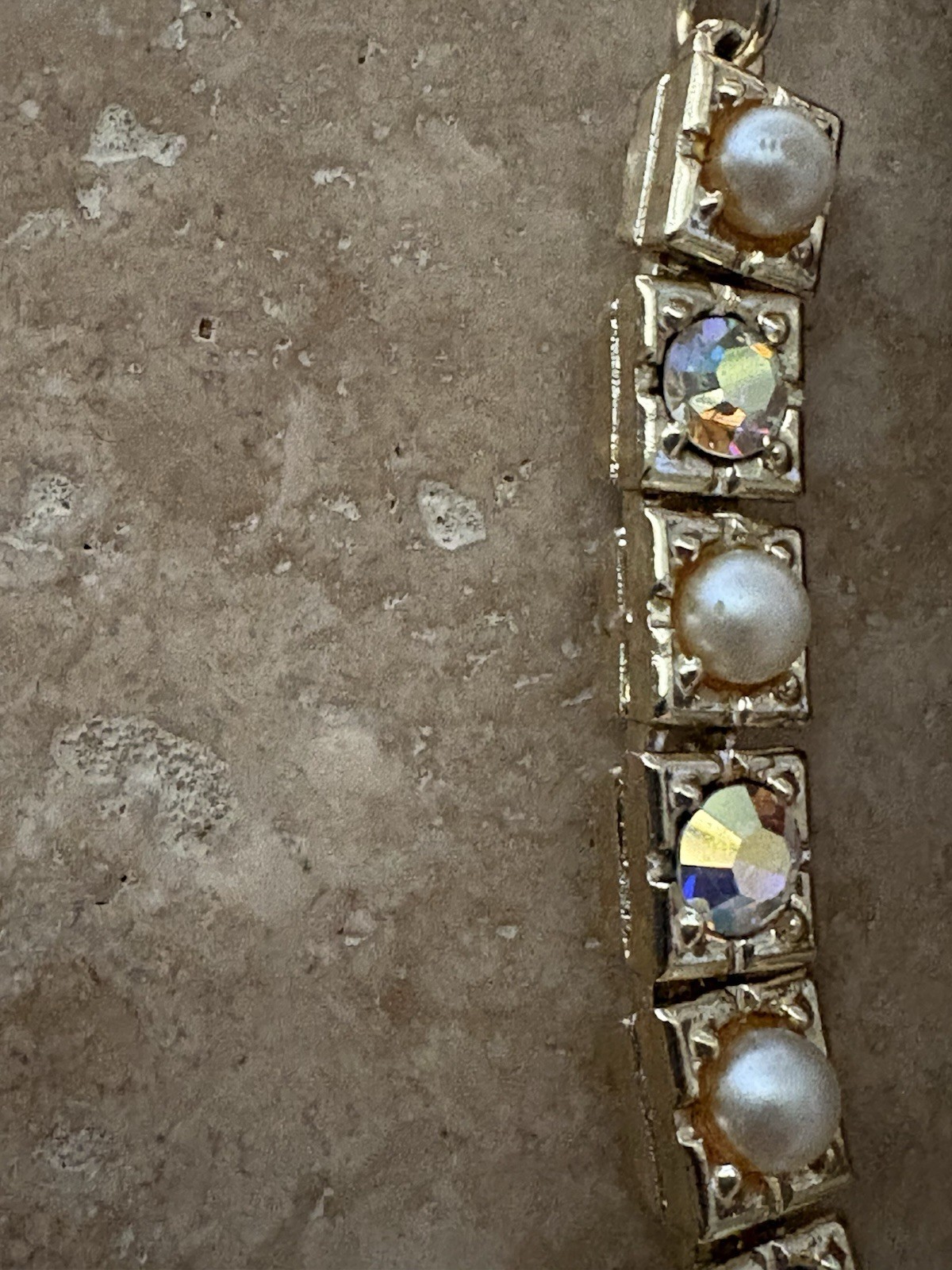 Vintage Aurora Borealis & Faux Pearl Set In Gold-Tone Squares 17” Clip Earrings