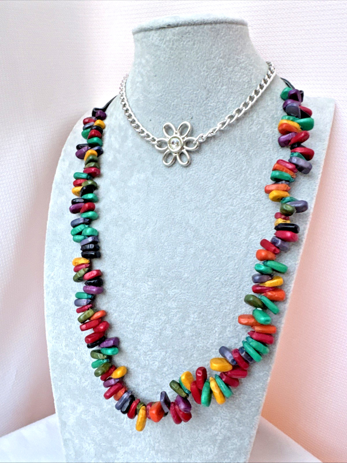 VTG Raver Flower & colorful Corn 90s Rainbow Modernist *2 Necklaces STACK* Lot