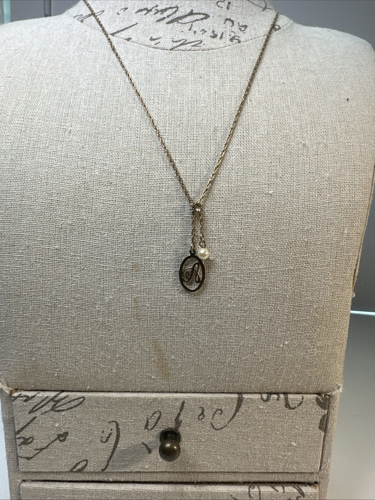 Vintage 80’s Avon Initial “A” Faux Pearl Pendant Gold-Tone Necklace Signed 21”