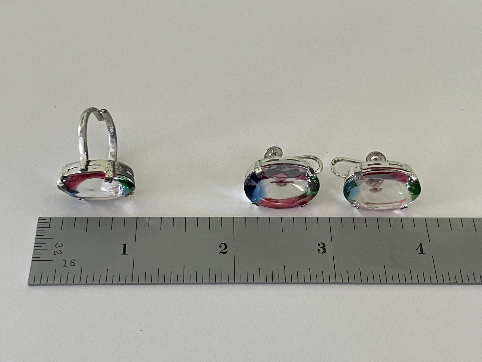 Vintage Crystal Rainbow 835 Silver Screw Back Earrings and Adjustable Ring