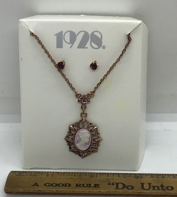 1928 Rose Gold Tone Dangle Cameo Necklace & Purple Stud Set New Unused