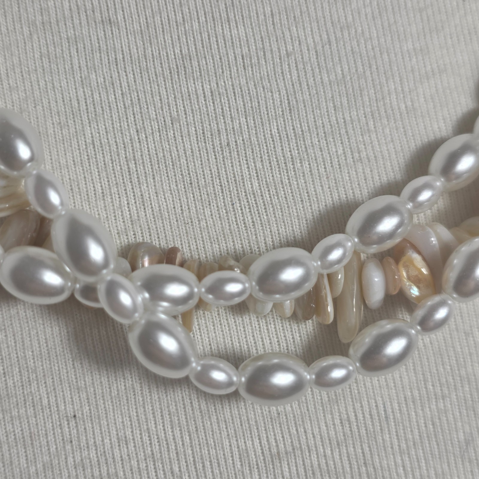 Vintage Inspired Multi-Strand Necklace Faux White Pearls & Earthtone Shell Chips