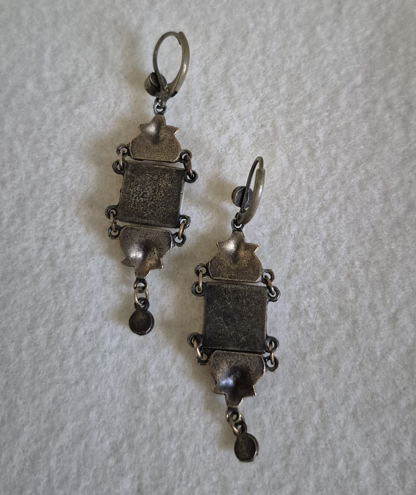 Vintage Square Iridescent Crystals Antique Tone Dangle Chandelier Earrings