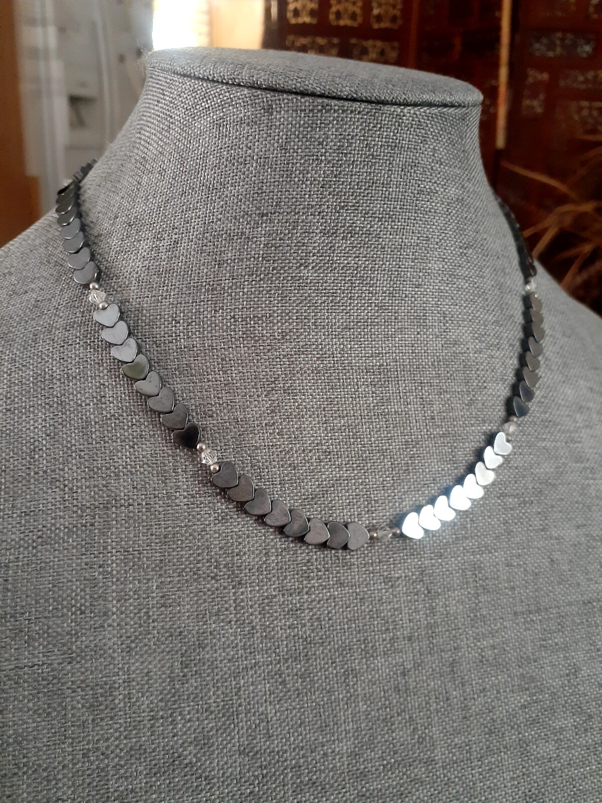 Hematite Heart shaped Bead Necklace with Clear Crystal Station Necklace 18″