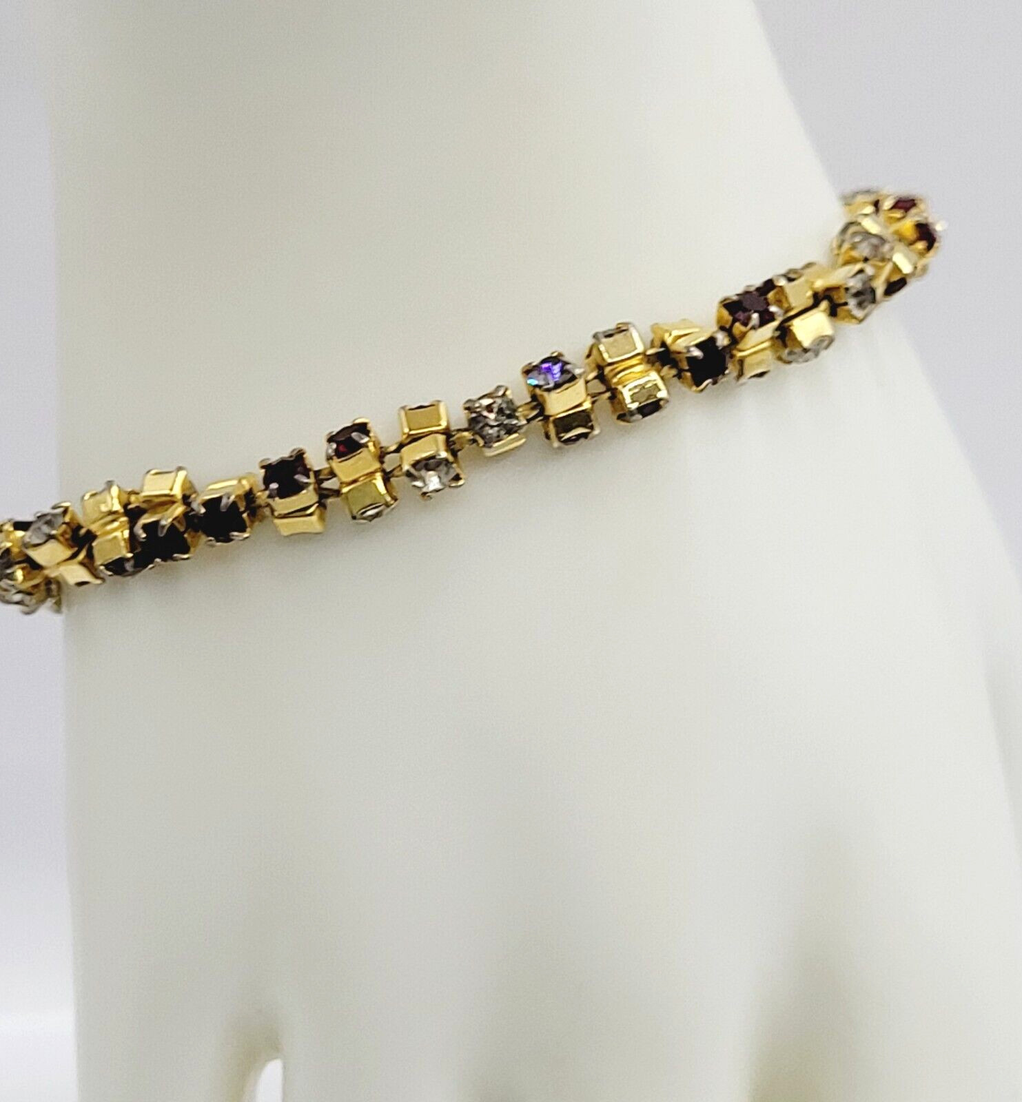 Unique Slightly Brutalist Style Gold Plated Bracelet Red White Rhinestone 7.5 In