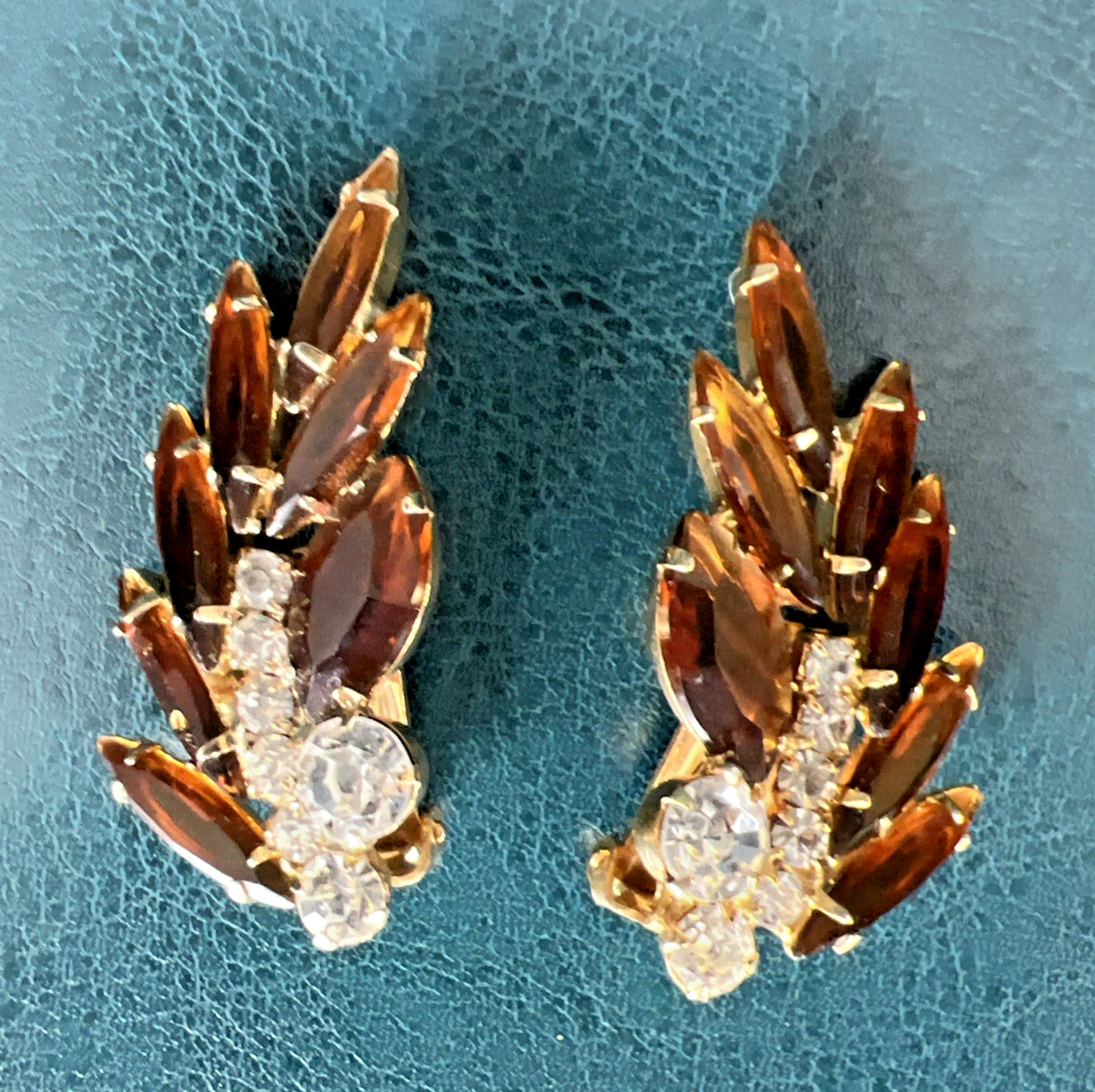 VINTAGE JULIANA DELIZZA & ELSTER AMBER and CLEAR RHINESTONE EARRINGS
