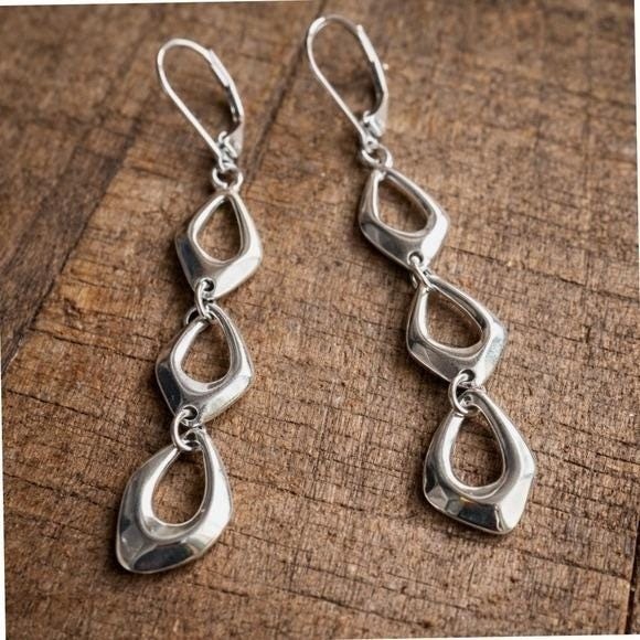 Vintage Artisan 2″ Drop Earrings Silver Tone Retro Bohemian Style