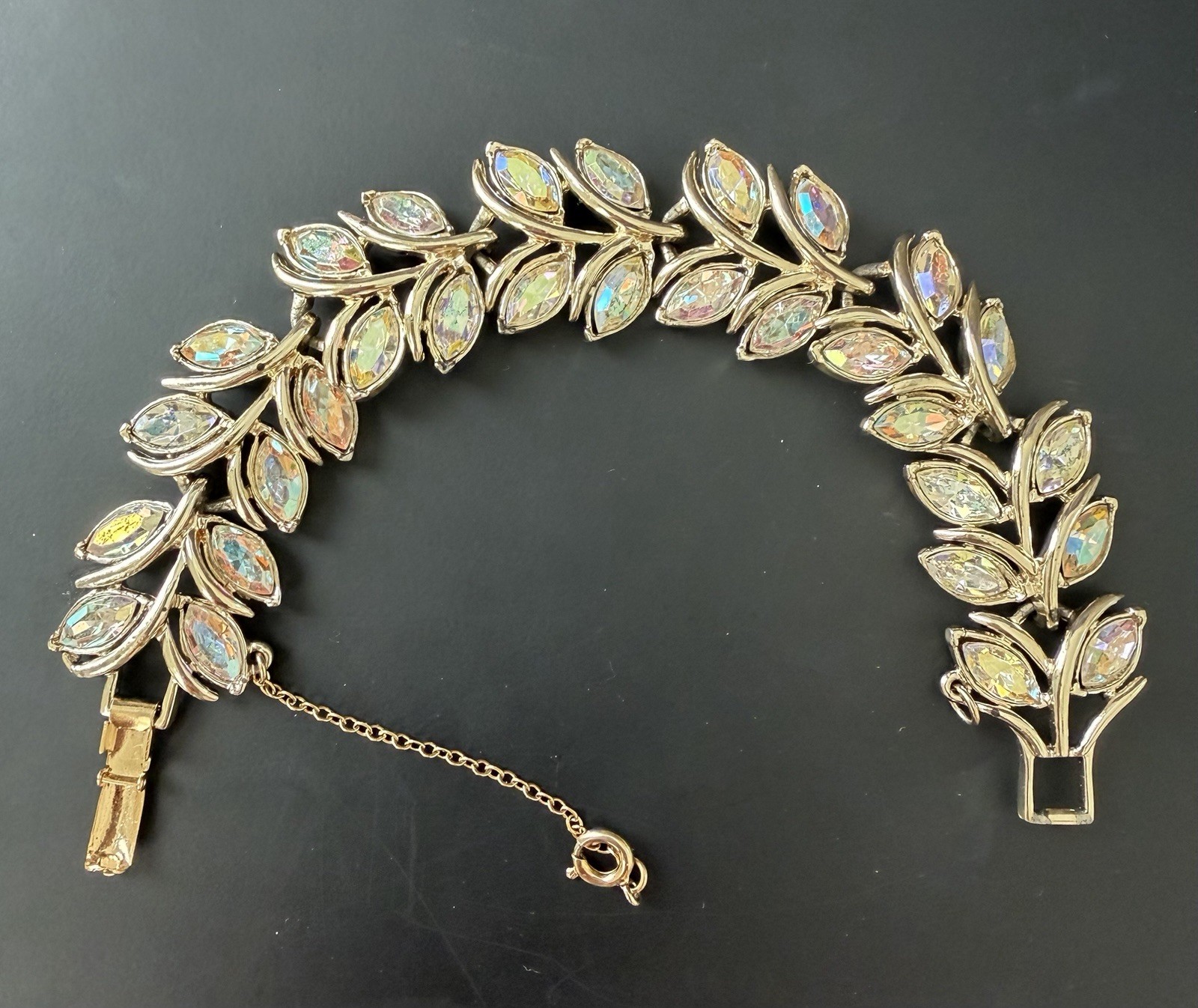 Vintage Coro Signed Clear AB Rhinestone Leaf Shape Bracelet 7.25″