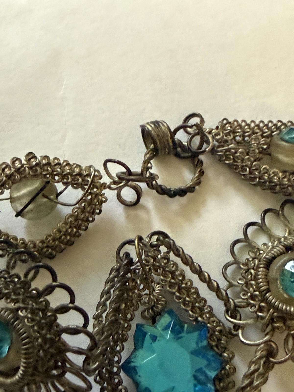 Vintage/Antique Victorian Style Silver Metal Bracelet Aqua Rhinestones No Clasp