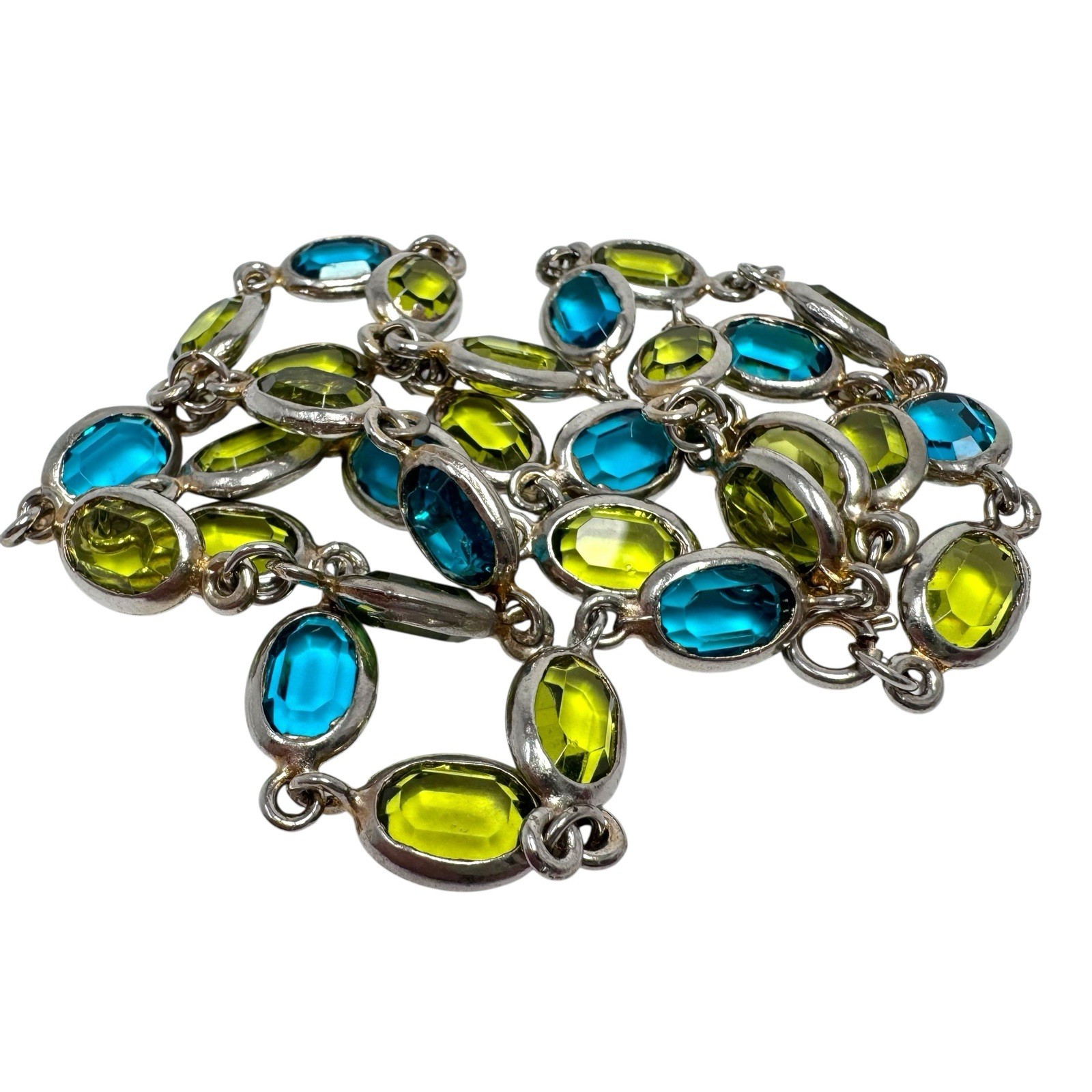 Vintage Silver Tone Necklace w/Framed Blue & Green Faceted Crystal Ovals