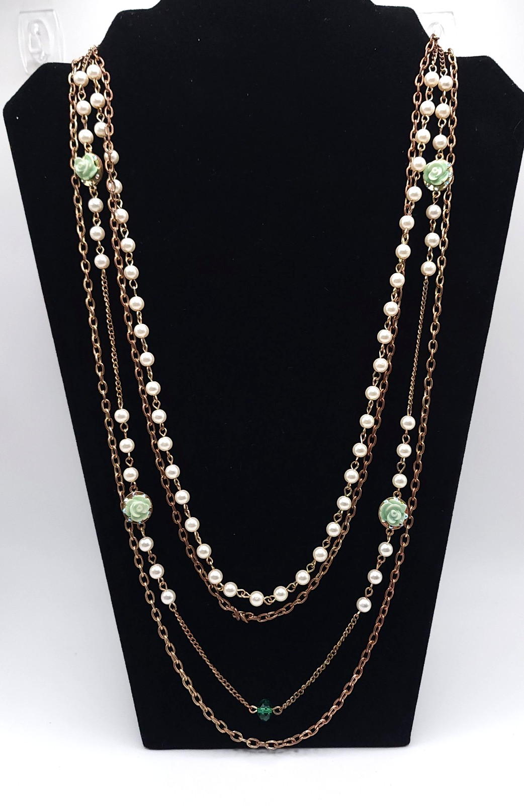 Multi Strand Pearl Necklace Rose Gold Floral Statement Necklace Vintage 25in
