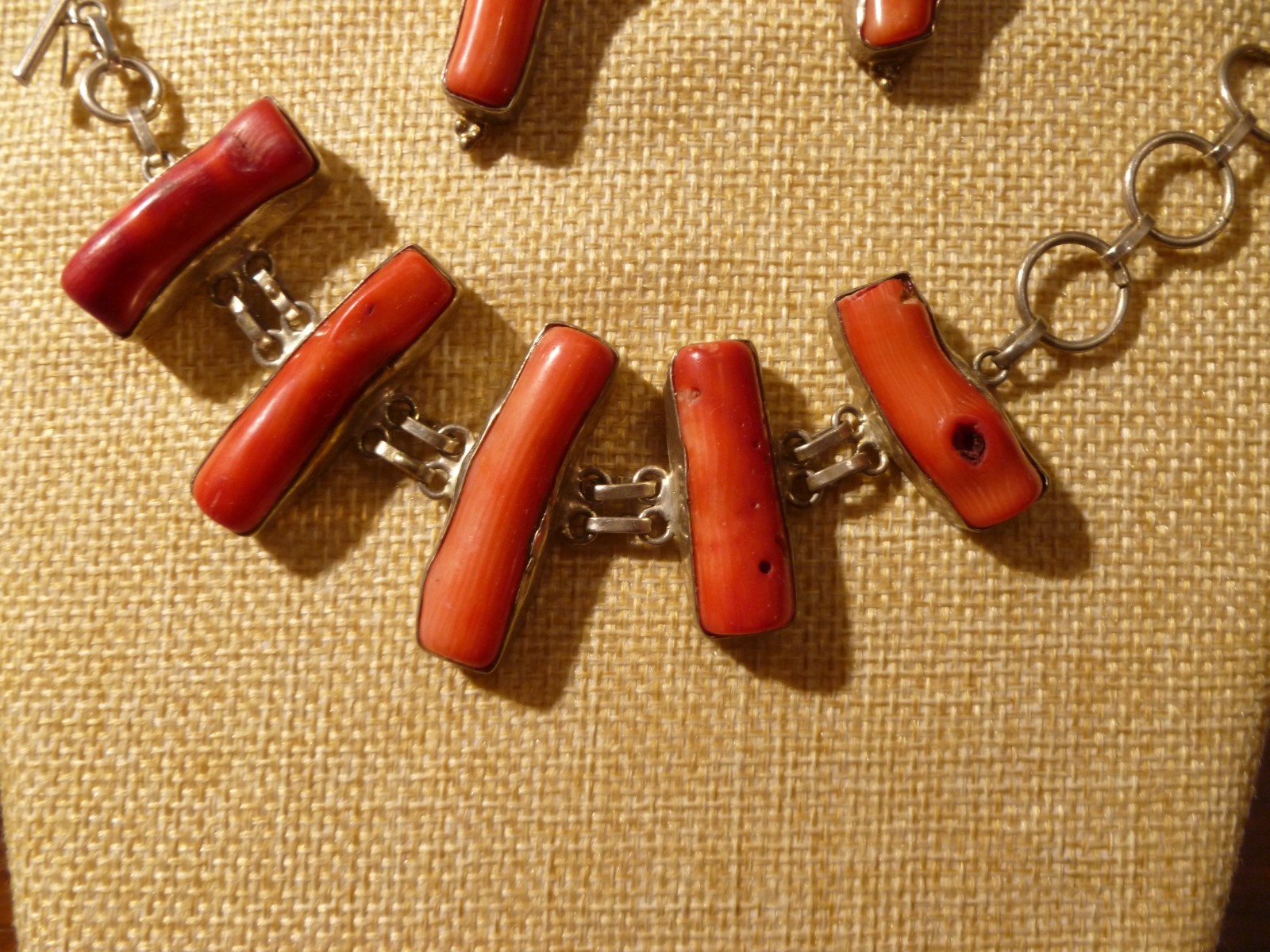 Contemporary Branch Raw Coral Necklace Bracelet Earrings Set On Sterling Silver