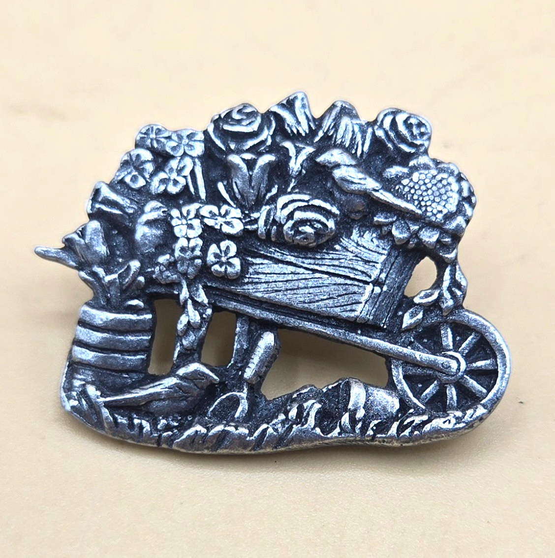 2001 Limited Edition Pewter Birds & Blooms Garden Cart Wheelbarrow PIN Brooch