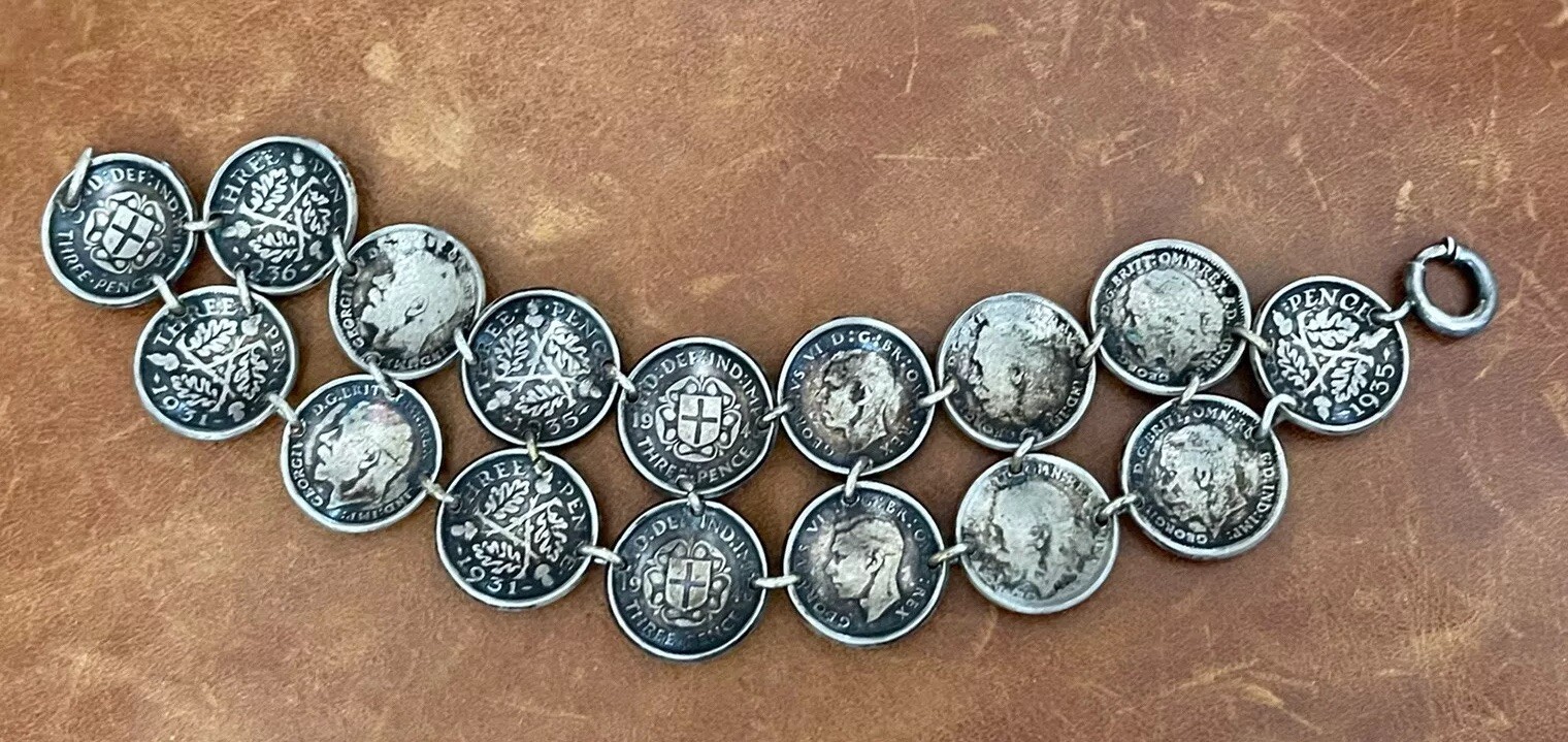 Old Great Britain Three pence .925 Sterling Coins Cupped Link Bracelet 6.25” In