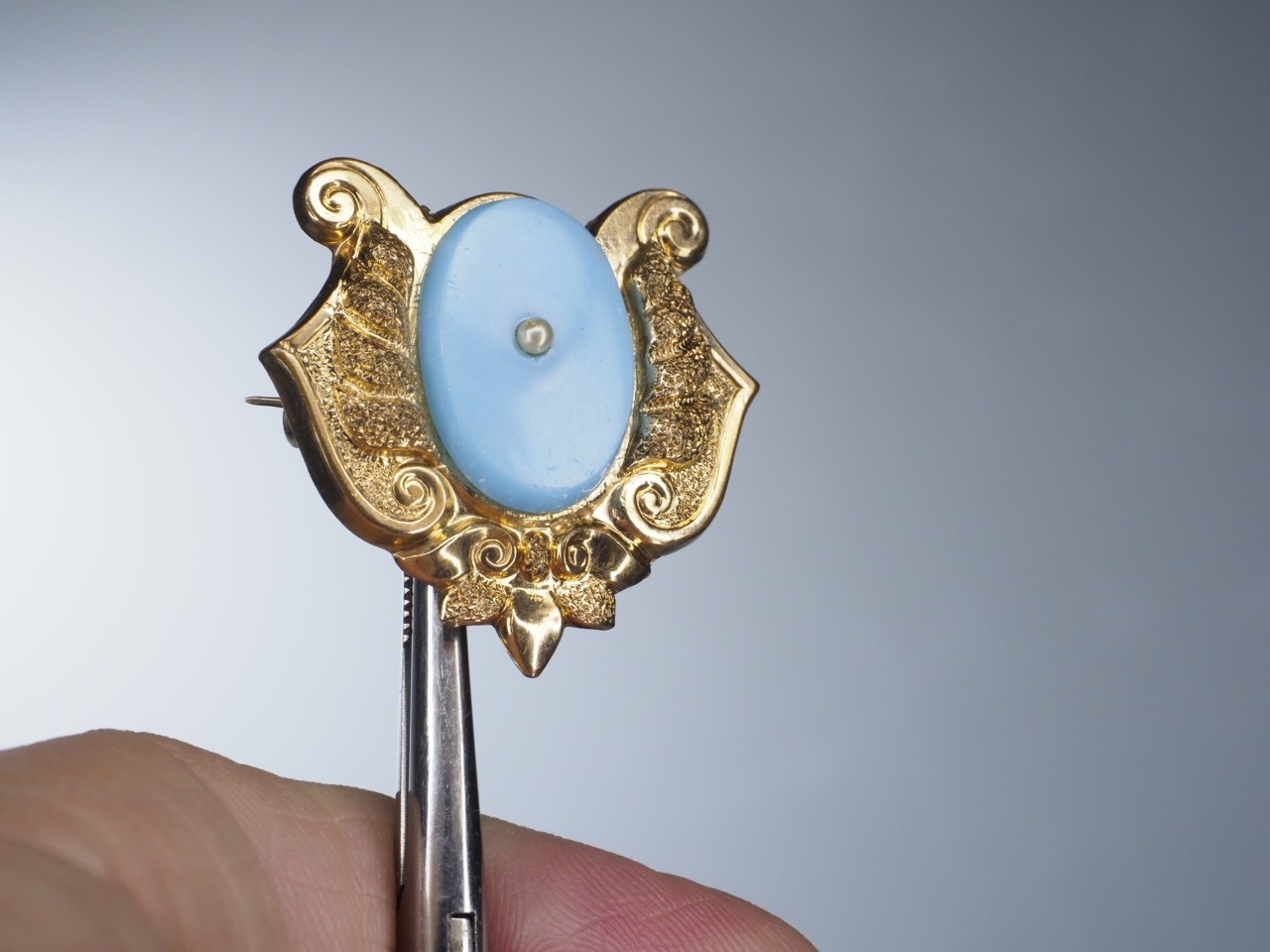 Antique gold brooch blue opaline glass hollow pin tube hinge C-clasp jewelry
