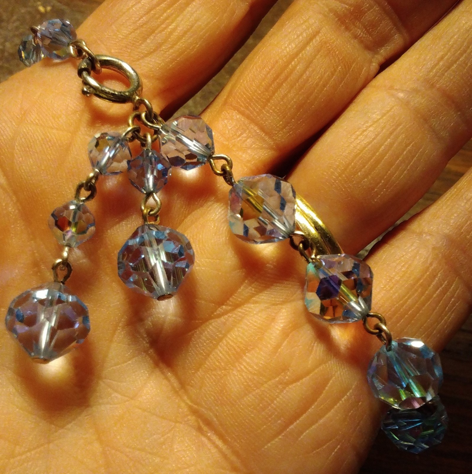 AURORA BOREALIS BLUE Heavy Link CRYSTAL BEAD 8″ BRACELET DANGLES Czech Glass VTG