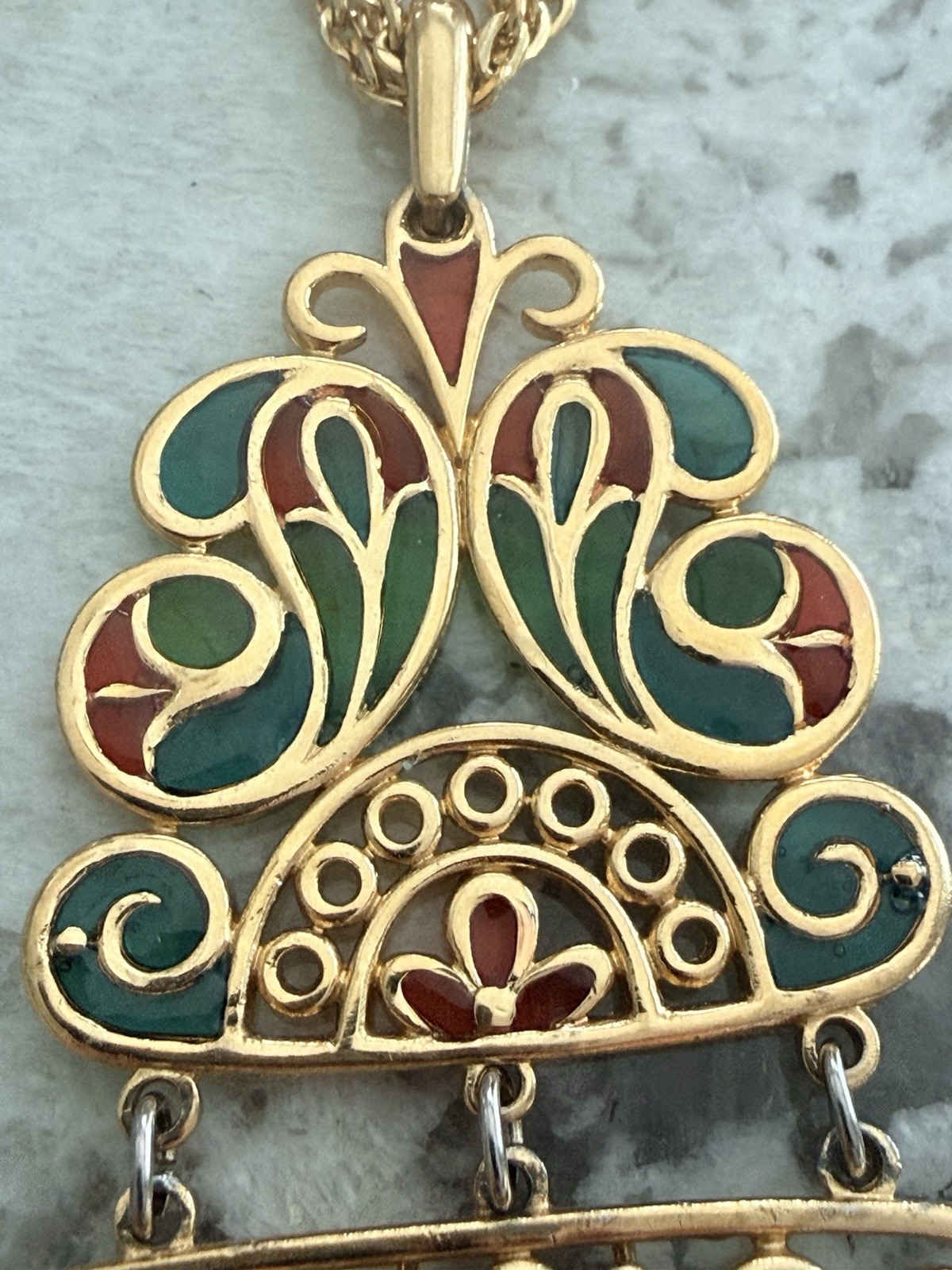Trifari Plique a Jour Necklace Gold Tone Red Green Stained Glass Pendant Vintage