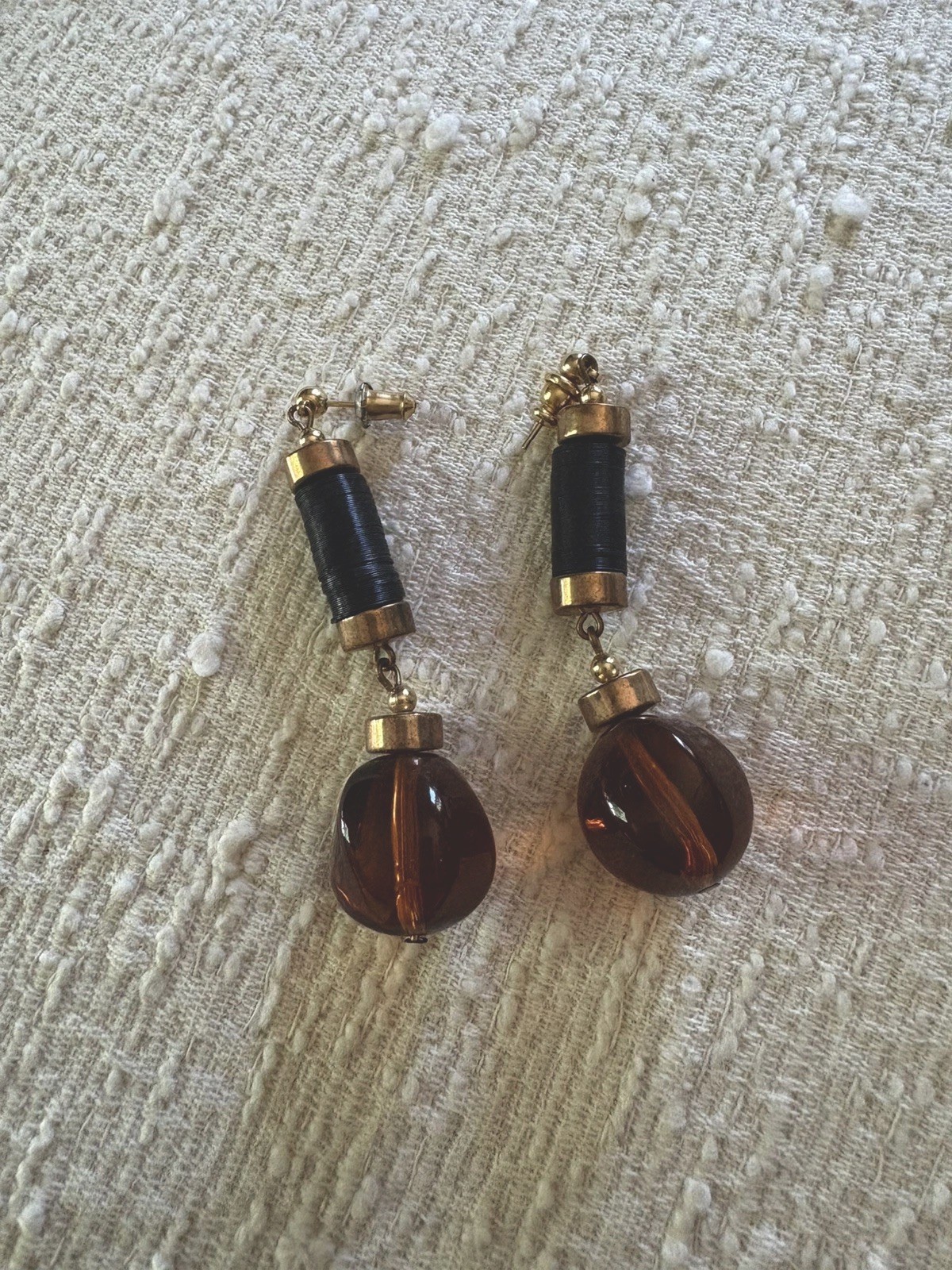 Vintage Amber Gold and Black Pierced Earrings.