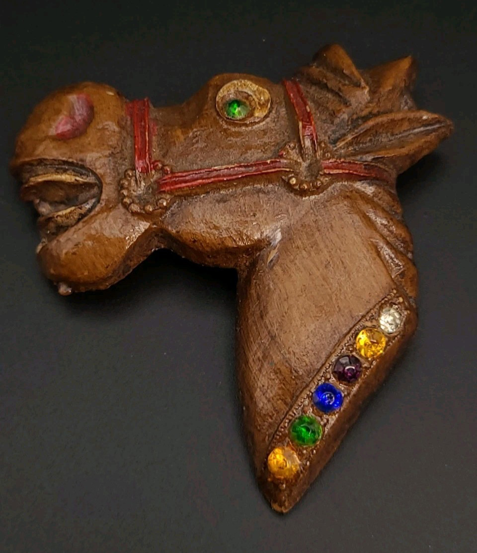Vintage Handcrafted Wood Horse Head Brooch Rhinestone Pin