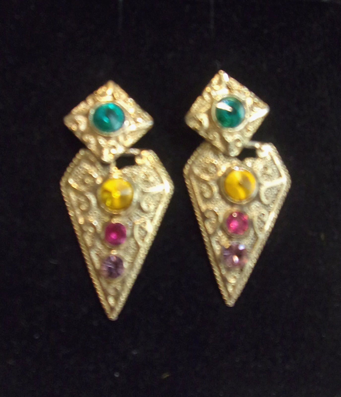 Egyptian Revival Acrylic Cabochons Genuine Crystals Gold Plated Pierced Earrings