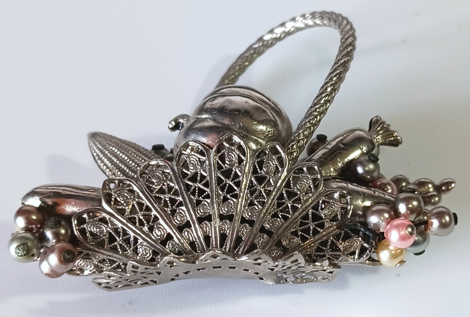 Unusual Ornate Silver-tone Vintage Harvest Veggie & Fruit Basket Brooch