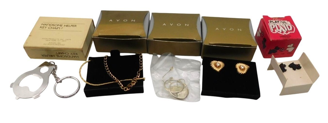 Lot of 5 Vintage Avon Jewelry Bracelets Earrings Keychain with Boxes 1990s 1980s