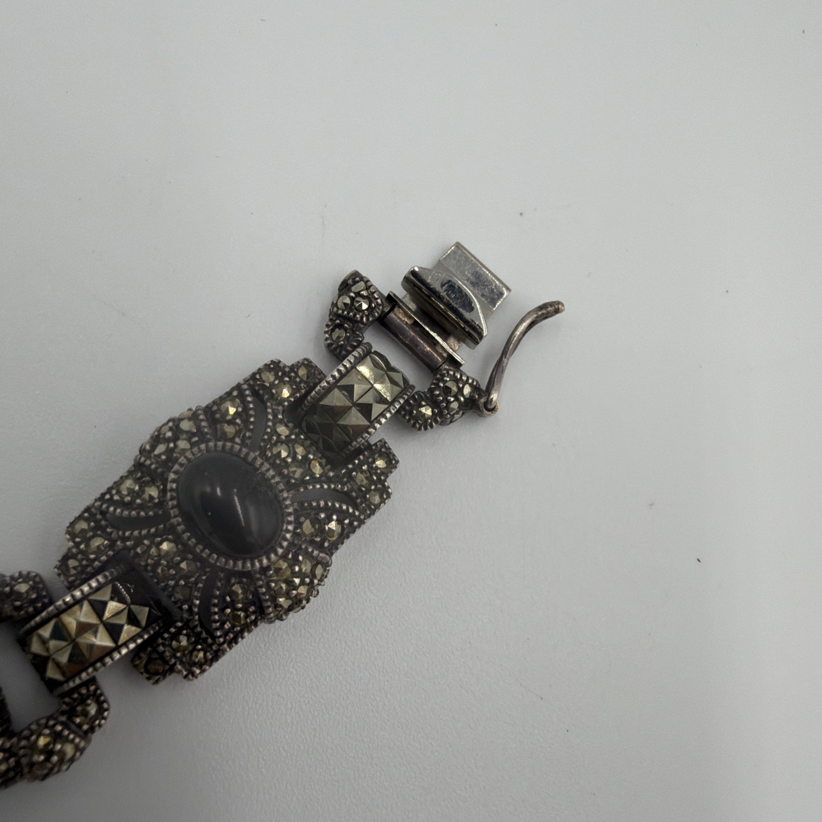 VTG Judith Jack Sterling Silver Marcasite Black Onyx Panel Bracelet 7.5″ 46g